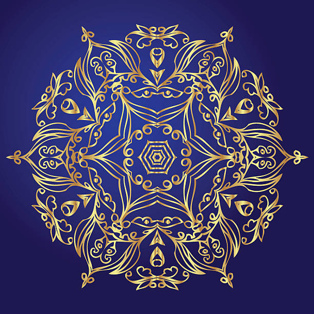 ilustraciones, imágenes clip art, dibujos animados e iconos de stock de mandala, amuleto. símbolo de oro esotérico sobre un fondo azul. - tantric buddhism