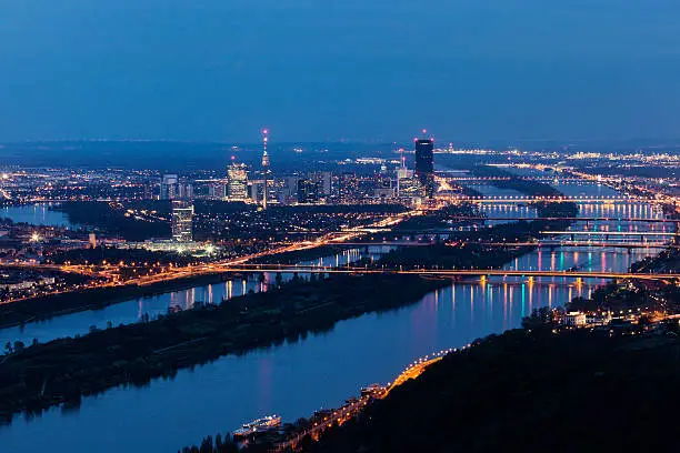 Skyline of Donau City - Vienna DC and bridges on Danube River Vienna, Austria.