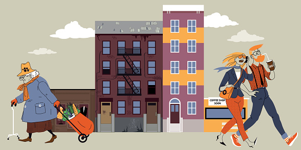 Old lady walking down the street of a city block that is undergoing gentrification, young couple going the opposite direction, EPS 8 vector illustration