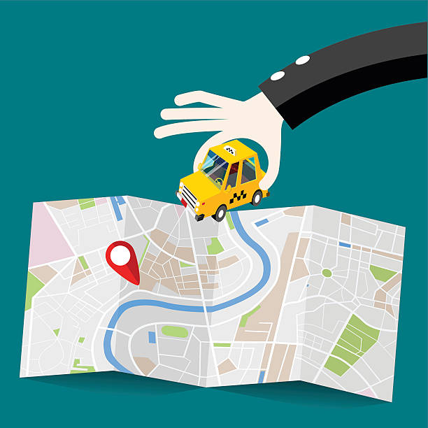 istock Man puts the car at the location, Smart taxi service concept 609804782