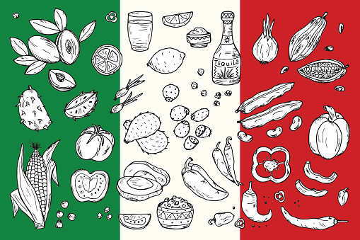 Mexico Vector set. Mexican Food - Hand drawn doodle Fresh Fruits, Vegetables, Tequila