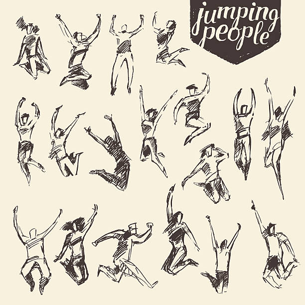 ilustraciones, imágenes clip art, dibujos animados e iconos de stock de establecer bocetos silueta saltando personas vector. - healthy lifestyle jumping people happiness
