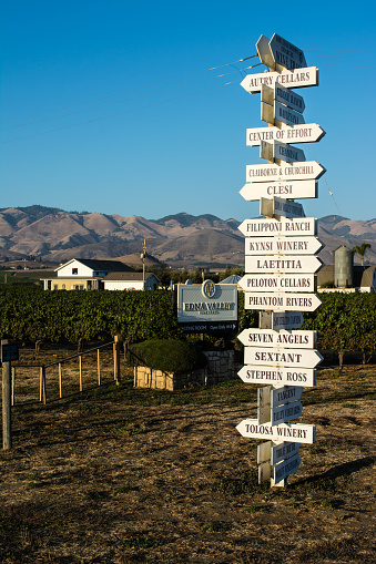 Edna, California, United States - September 16, 2016: Signpost at Biddle Ranch Road directing visitors to the wineries in coastal winegrowing region of central california
