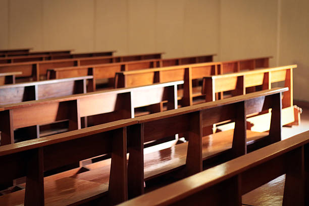 istock Rows of church benches. 609812124