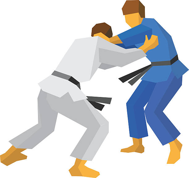 Two judo fighters in blue and white colors. Martial arts. Two judo fighters in traditional blue and white colors. Martial arts competition - sambo, judo, karate, jiu jitsu, wrestling. Flat style vector clip art isolated on white background. judo stock illustrations