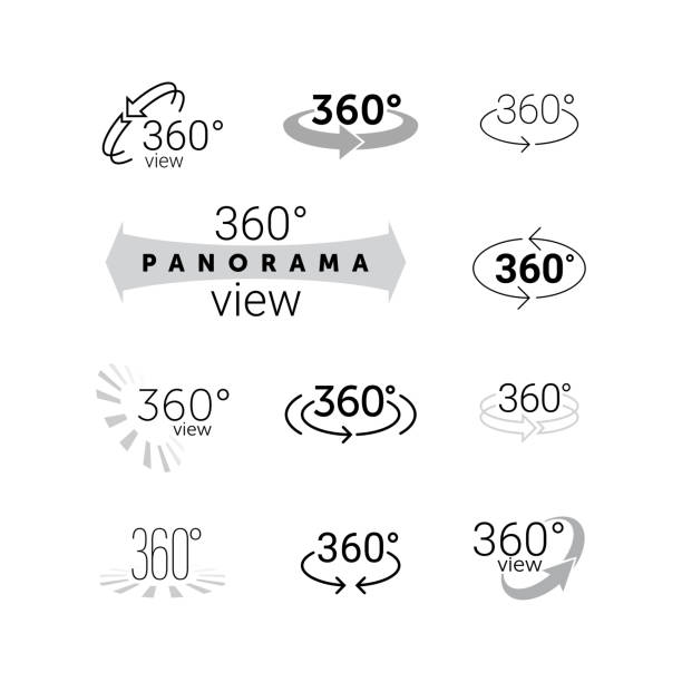 360 degrees rotating virtual reality VR view icon 360 degrees rotating view icon. Vector line 360 degrees panorama label. VR 3D virtual reality panoramic camera view capture symbol set. Rotation arrows panoramic stock illustrations