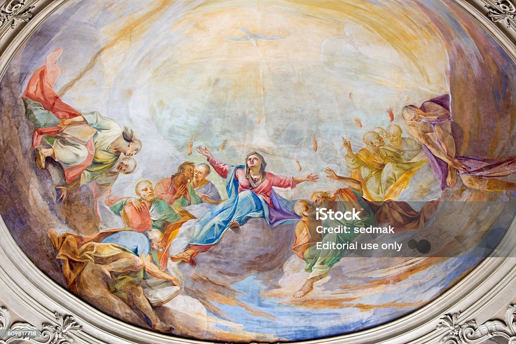 Brescia - The fresco of Pentecost Brescia, Italy - May 22, 2016: Brescia - The fresco of Pentecost on side cupola in church Chiesa di Santa Maria del Carmine (Pentecost chapel) by Giovanni Luca Molinari (1724). Pentecost - Religious Celebration Stock Photo