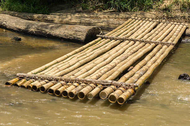 istock Bamboo raft and worn timber log on a river bank 609818808