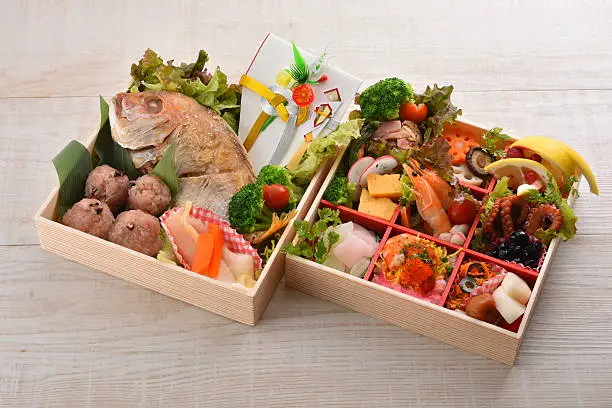 Photo of Bento box gift of dried seafood with snapper, shrimp, octopus,