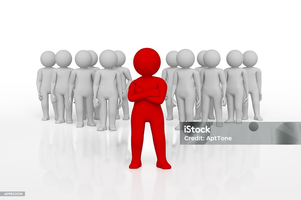 3d people - men, person in group. Leadership and team small person the leader of a team allocated with red colour. 3d image. Isolated white background. High quality render. Abstract Stock Photo