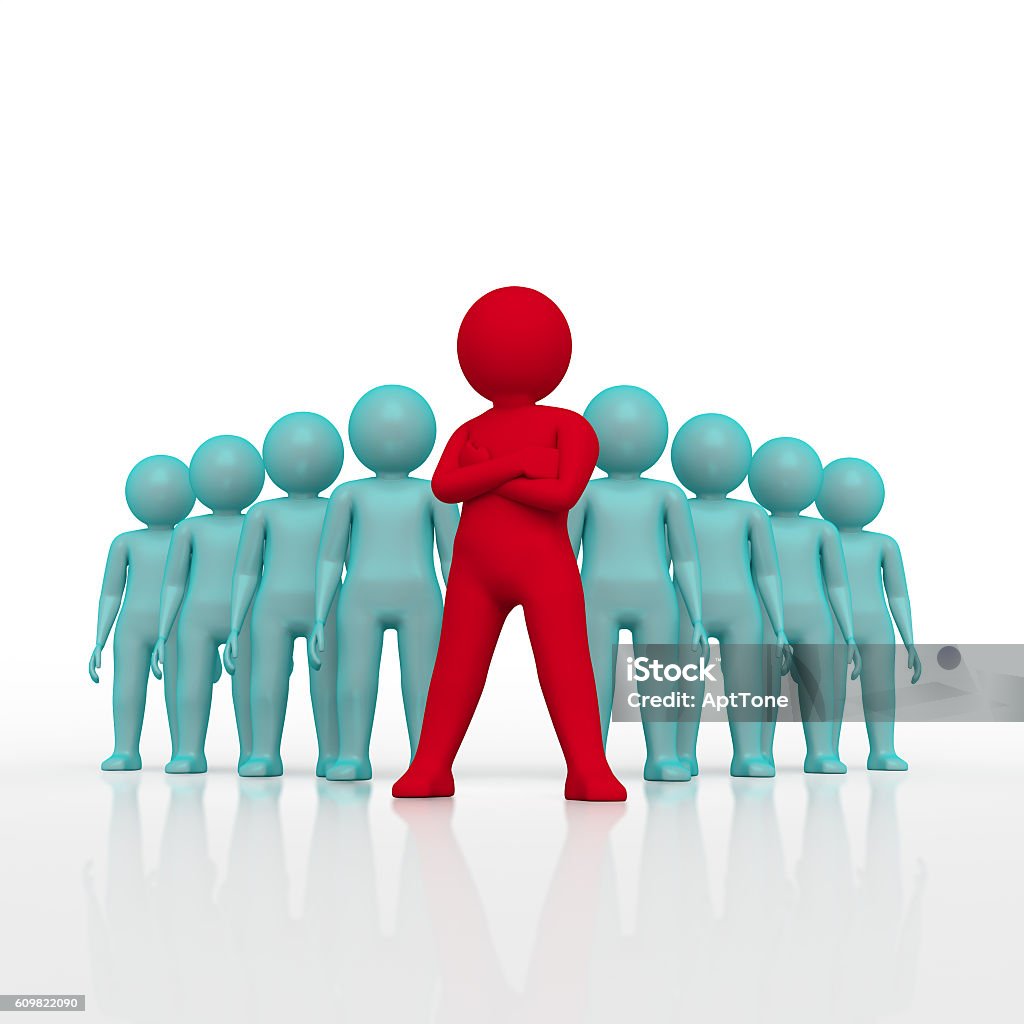 3d people - men, person in group. Leadership and team small person the leader of a team allocated with red colour. 3d image. Isolated white background. High quality render. Abstract Stock Photo