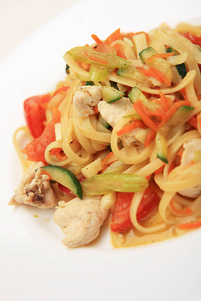 istock Linguine with chicken breast and vegetables on white plate 609824190