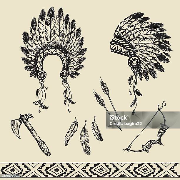 Collection Of Vintage Hand Drawn Design Elements Stock Illustration - Download Image Now - Boho, Headdress, Arts Culture and Entertainment