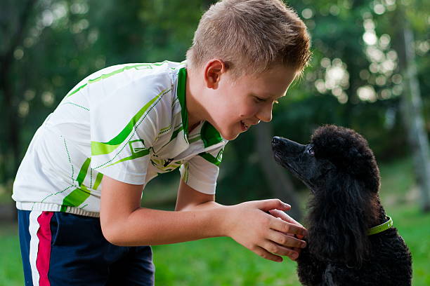boy with a black poodle on nature