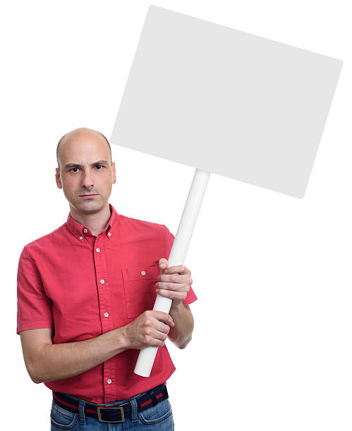 Man holding blank banner on stick. isolated