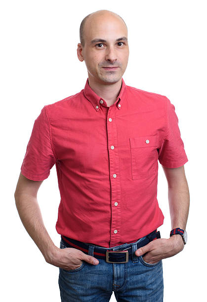 istock bald man wearing red shirt. Isolated 609831324