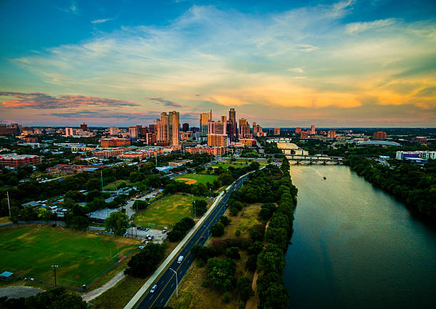 istock Golden Hour Sunset Aerial Drone View Over Austin Texas 609834888