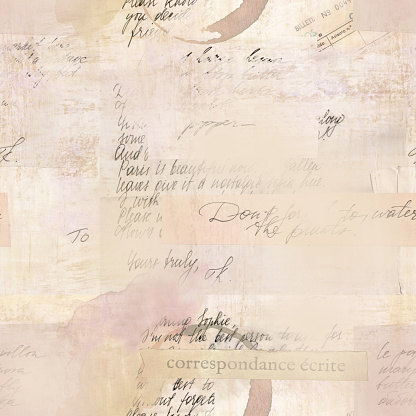 Vintage style seamless pattern with fragments of letters and old paper textures. Visible text includes 'written correspondence' in French and 'ticket number' in Spanish. Toned background