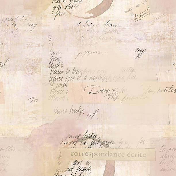 Vintage seamless pattern with fragments of letters and old paper Vintage style seamless pattern with fragments of letters and old paper textures. Visible text includes 'written correspondence' in French and 'ticket number' in Spanish. Toned background spanish culture illustrations stock illustrations