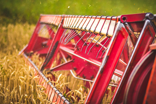 Photo of a header of a harvest combine.