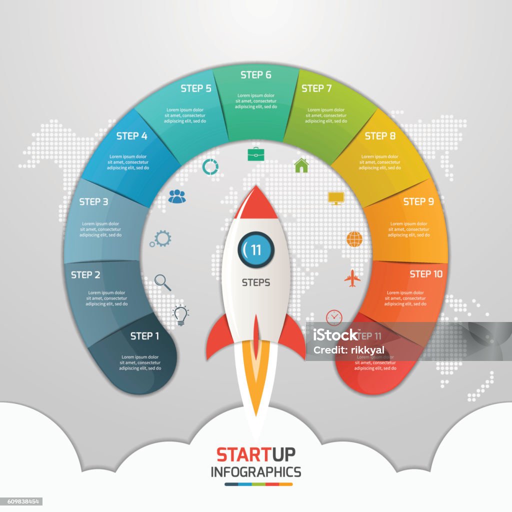 11 steps startup circle infographic template with rocket. 11 steps startup circle infographic template with rocket. Business concept. Vector illustration. Infographic stock vector