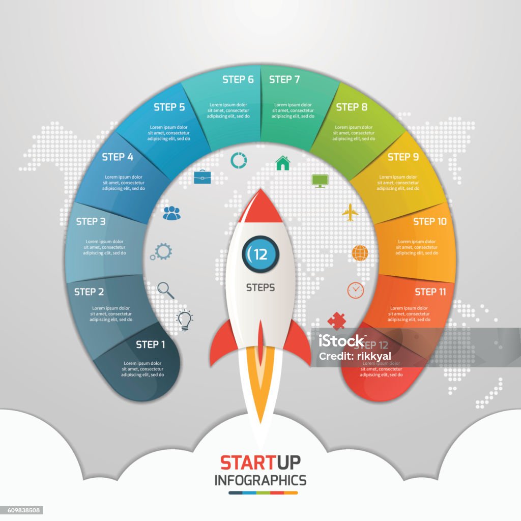 12 steps startup circle infographic template with rocket. 12 steps startup circle infographic template with rocket. Business concept. Vector illustration. Number 12 stock vector