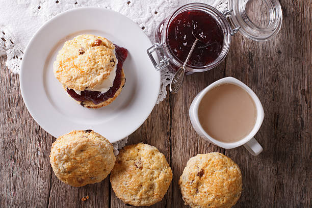 istock Delicious English scones with jam and tea close-up. Horizontal 609902306