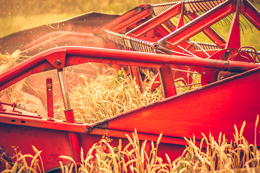 Photo of a header of a harvest combine.