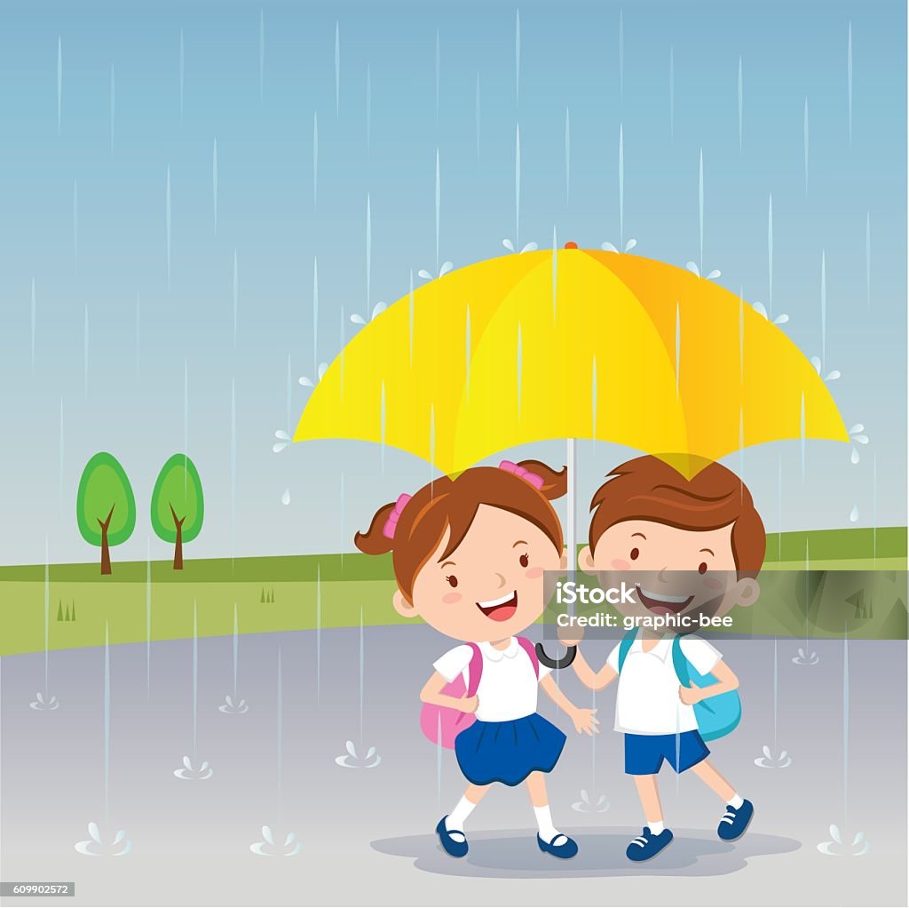 Children Under The Umbrella Rainy Day Stock Illustration - Download Image  Now - Cartoon, Weather, Education - iStock