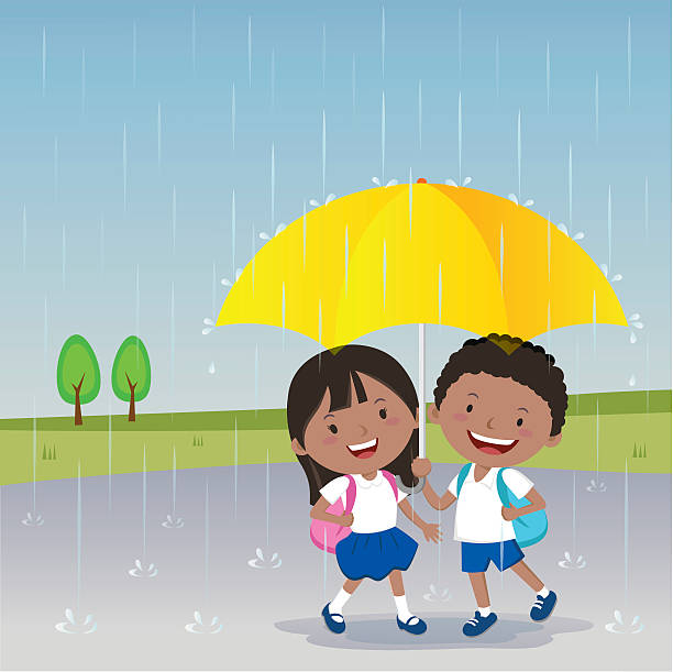 Children Under The Umbrella Rainy Day Stock Illustration - Download Image  Now - Cartoon, Illustration, Torrential Rain - iStock