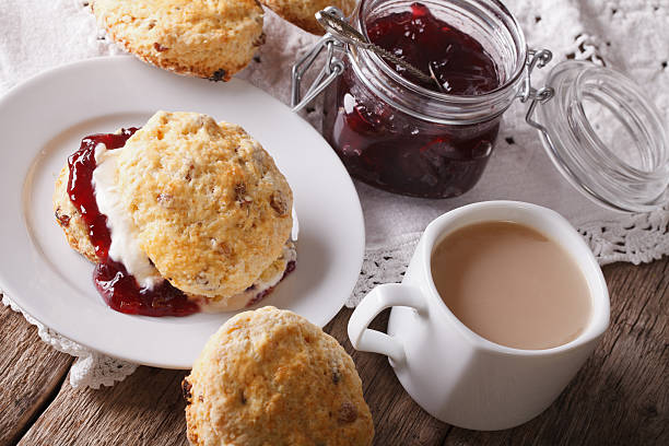 istock Homemade scones with jam and tea with milk close-up. horizontal 609902876