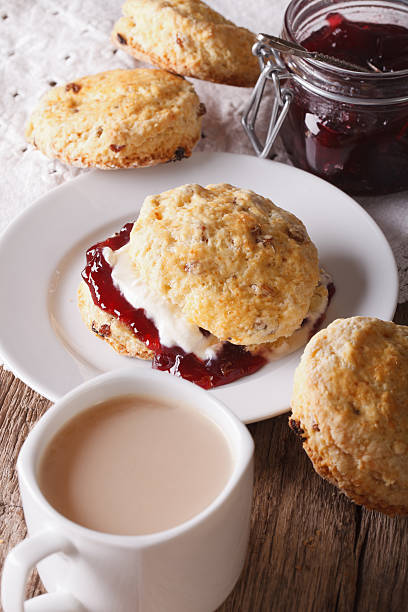 istock English pastries: scones with jam and tea with milk close-up 609903820