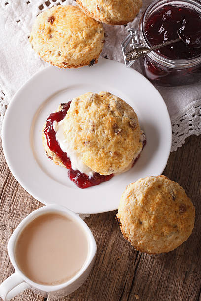 istock Delicious English scones with jam and tea with milk 609904098