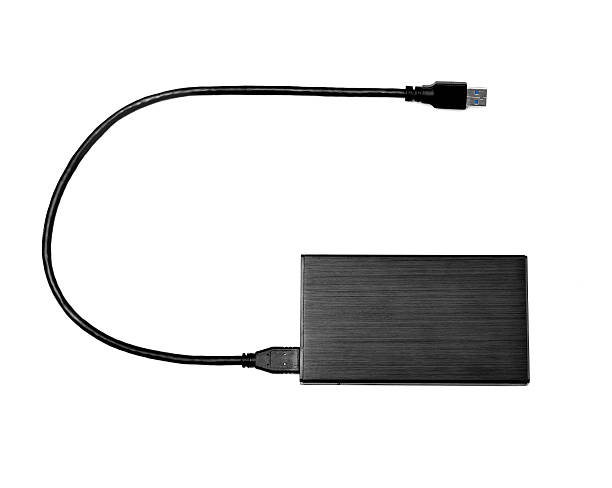 A black external aluminum HDD/SSD subcompact design enclosure with cable isolated on white background.