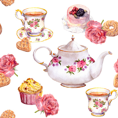 Teatime - tea pot, cup, cakes and flowers. Repeating pattern. Water color