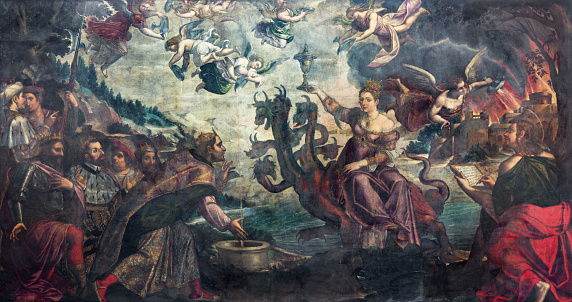Brescia, Italy - May 23, 2016: Brescia - The painting of Apocalyptic vision The courtesan Babylon sitting on the dragon in church Chiesa di San Giovanni Evangelista by Grazio Cossali (middle of 16. cent.)