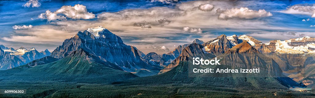 Canada Rocky Mountains Panorama landscape view Canada Rocky Mountains Panorama on cloudy sky banff park Canada Stock Photo