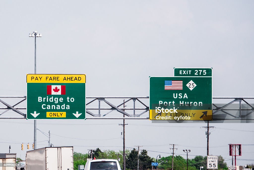 Bridge to Canada Sign US - Canada border highway direction sign Canada Stock Photo