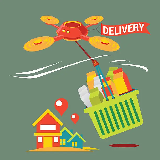 Vector illustration of Drone with a box, flying in the sky.