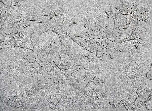 Birds with Trees and Flowers on Carve Wall chinese style in temple at Wat-Leng-Noei-Yi2  Nonthaburi Province, Thailand