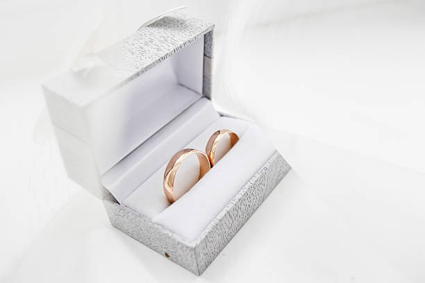 istock Wedding rings an the box on background of white textile 609907938