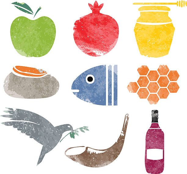 rosh hashana icons set for shana tova - rosh hashanah stock illustrations