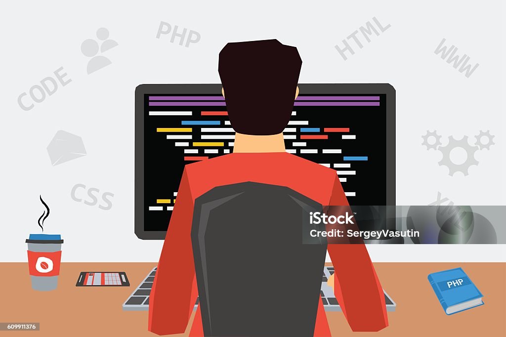 Man At Workplace With Computer Coding Stock Illustration - Download ...