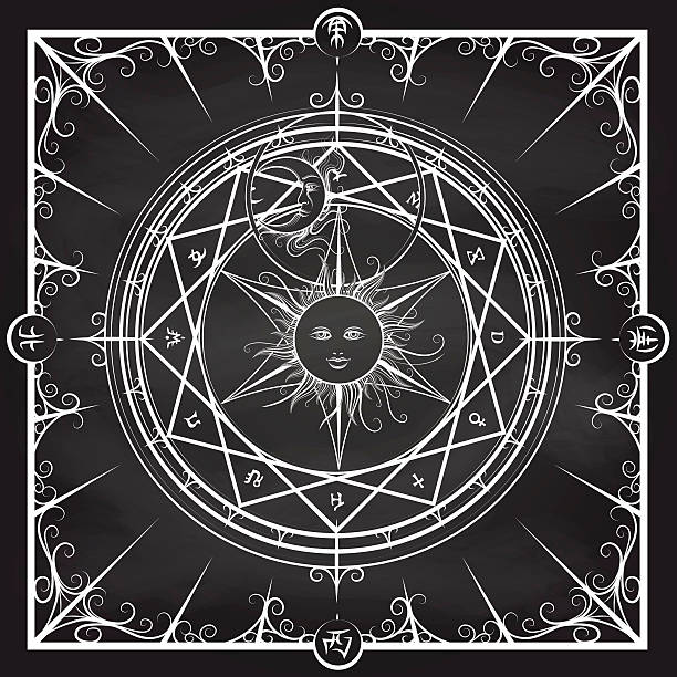 Alchemy magic circle on chalkboard background White occult hermetic circle vector illustration. Alchemy magic circle on chalkboard background wizard head stock illustrations
