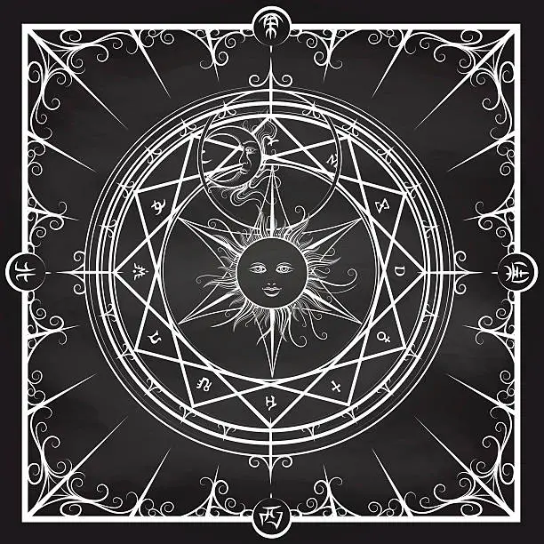 Vector illustration of Alchemy magic circle on chalkboard background