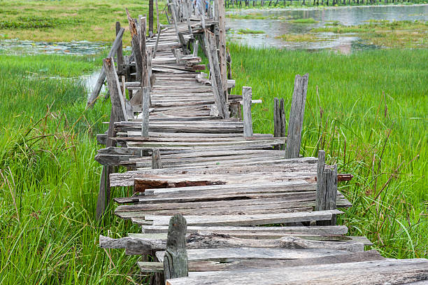 istock Old wooden  long  bridge. 609912288