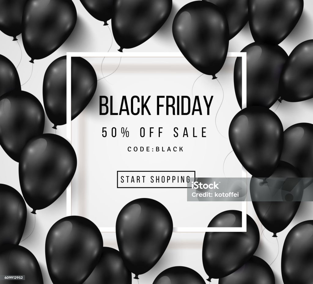 Black Friday Sale Poster with Balloons on White Black Friday Sale Poster with Shiny Balloons on White Background with Square Frame. Vector illustration. Balloon stock vector