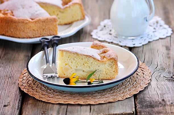 istock Sponge cake with melon on old wooden background. 609914752