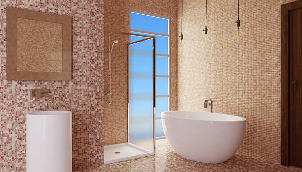 istock Modern interior of a bathroom in a city apartment. 3D Render 609915082