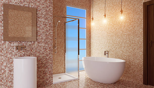 istock Modern interior of a bathroom in a city apartment. 3D Render 609915260